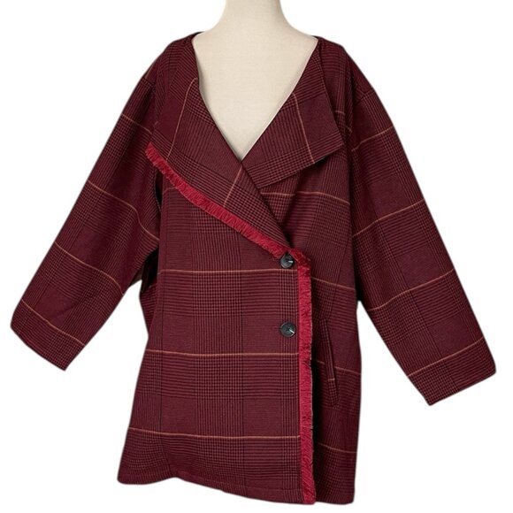 Laurie Felt Jackets & Blazers - NWOT Laurie Felt Zoe Plaid Wrap Coat in Burgundy with Fringe Trim, Size 3x